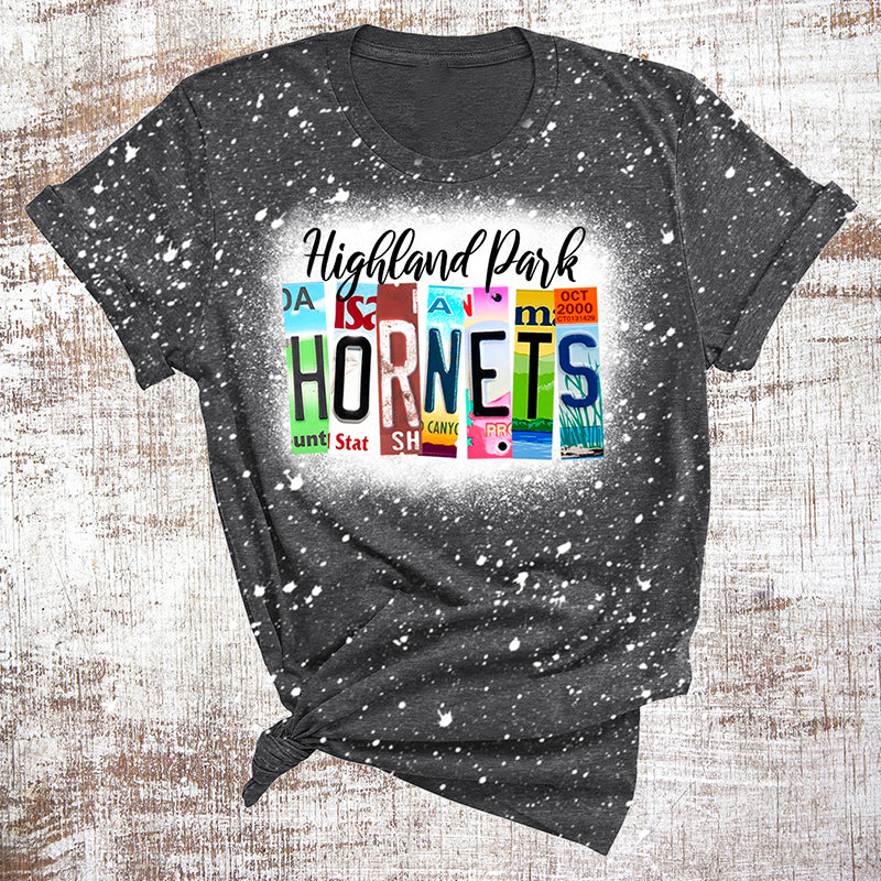 Personalized Mascot And School Name License Plates Bleached Teacher Printed T-Shirt