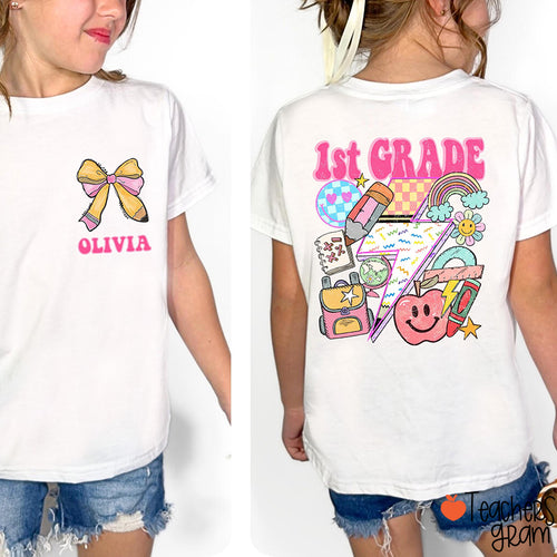 Personalized Name And Grade Lightning Apple Pencil Class Two Sided T-Shirt