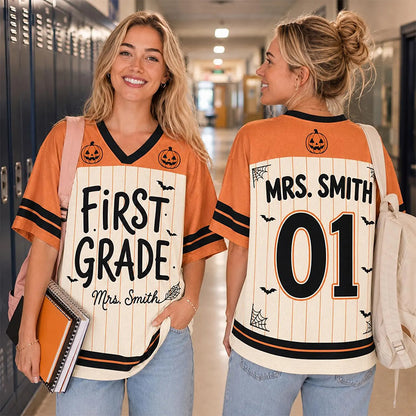Personalized Name And Grade Stripes Pumpkin Teacher Mesh Jersey