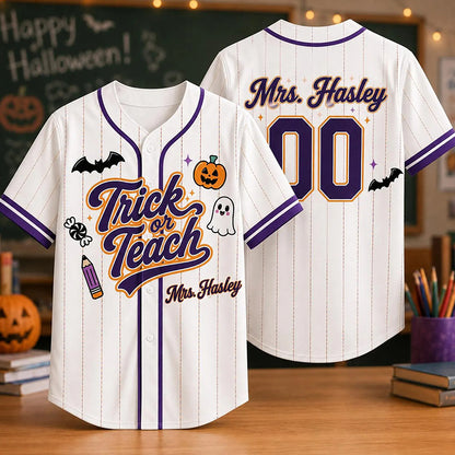 Personalized Name And Number Trick Or Teach Teacher Baseball Jersey