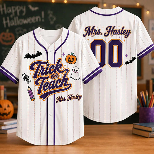 Personalized Name And Number Trick Or Teach Teacher Baseball Jersey