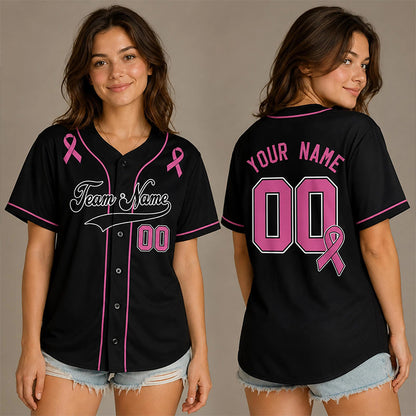 Personalized Team Name And Number Pink Ribbon Teacher Baseball Jersey