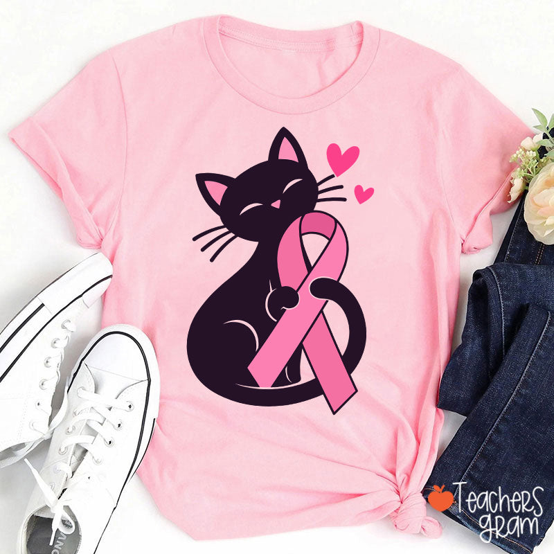 Black Cat Pink Ribbon Love Teacher T-Shirt