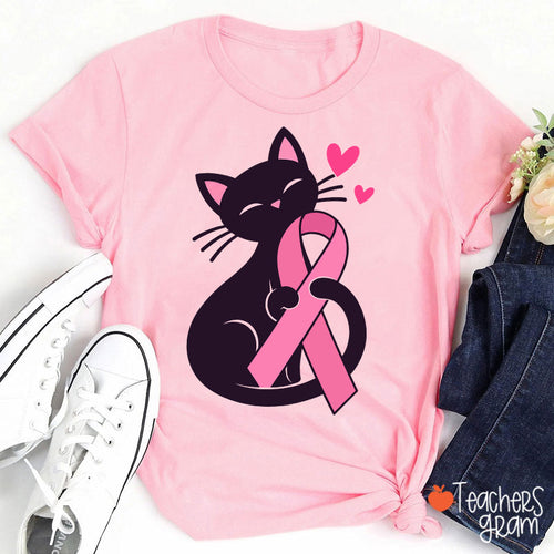 Black Cat Pink Ribbon Love Teacher T-Shirt