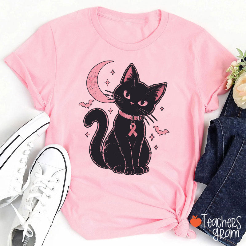 Halloween Pink Ribbon Cat Teacher T-Shirt