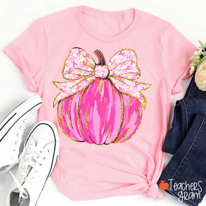 Pink Ribbon Breast Cancer Pumpkin Teacher T-Shirt