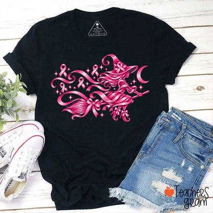 Pink Ribbon Witch Broom Moon Stars Teacher T-Shirt