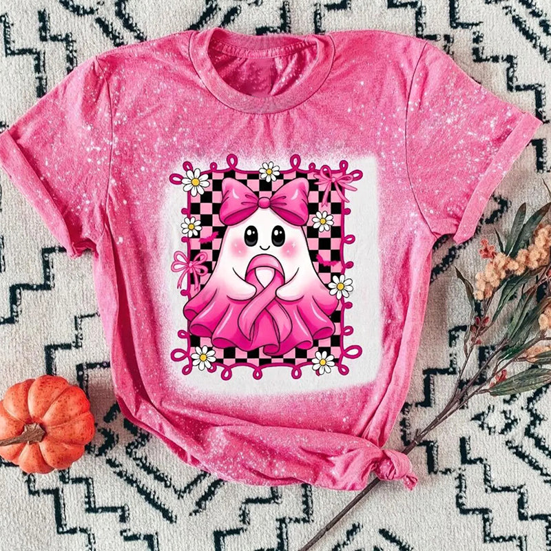 Preppy Pink Ghost Breast Cancer Awareness Teacher Printed T-Shirt