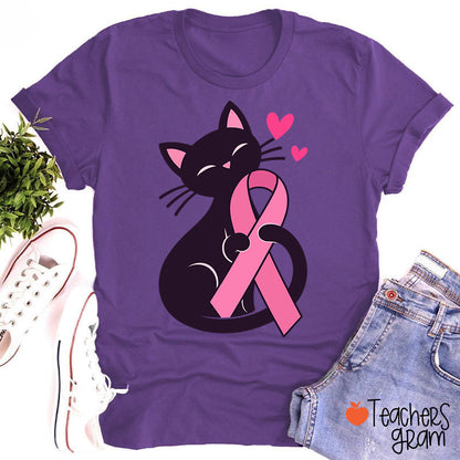 Black Cat Pink Ribbon Love Teacher T-Shirt