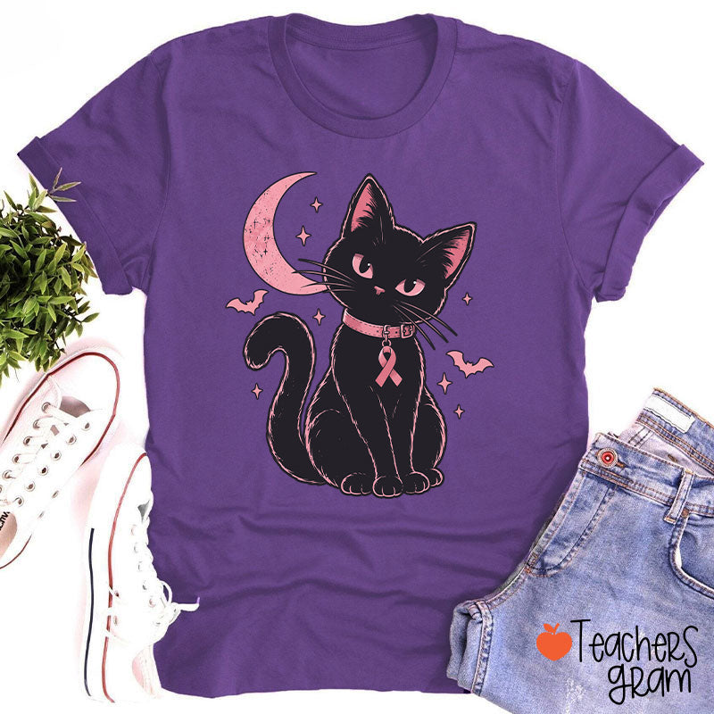 Halloween Pink Ribbon Cat Teacher T-Shirt
