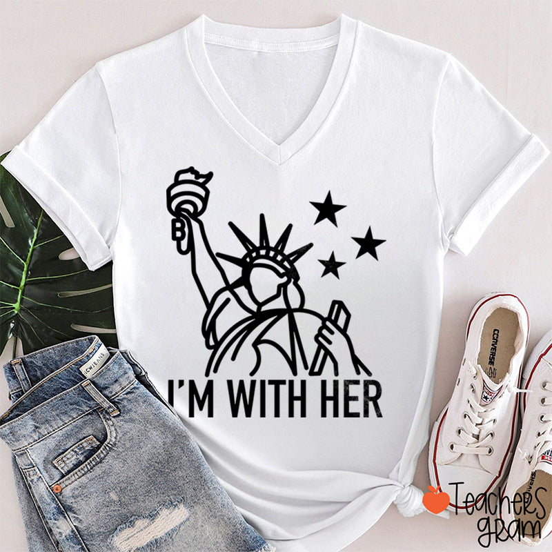 I'm With Her Teacher Female V-Neck T-Shirt