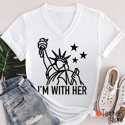 I'm With Her Teacher Female V-Neck T-Shirt