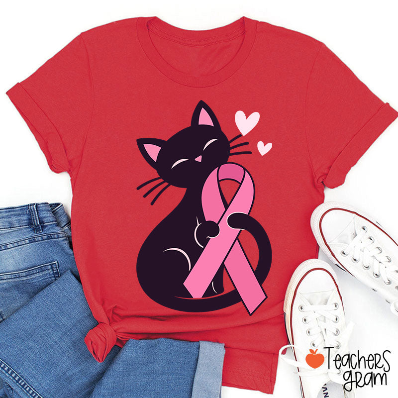 Black Cat Pink Ribbon Love Teacher T-Shirt