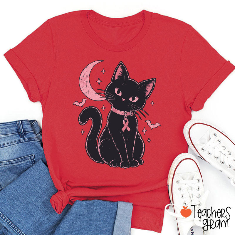 Halloween Pink Ribbon Cat Teacher T-Shirt