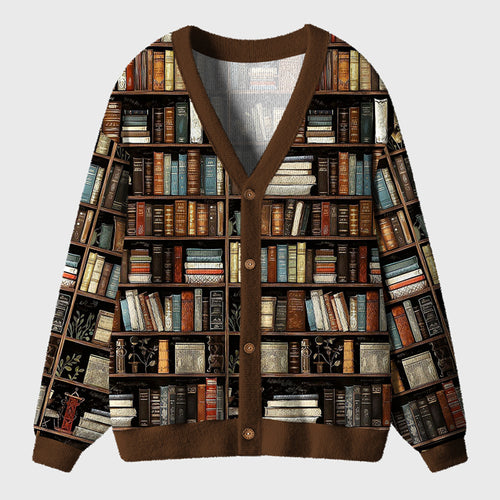 Retro Bookshelf Teacher Ugly Cardigan Sweaters