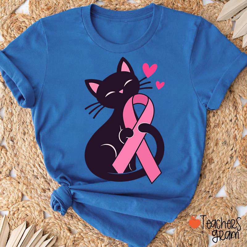 Black Cat Pink Ribbon Love Teacher T-Shirt