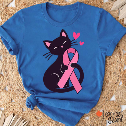 Black Cat Pink Ribbon Love Teacher T-Shirt