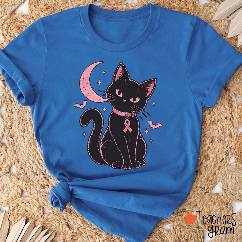 Halloween Pink Ribbon Cat Teacher T-Shirt