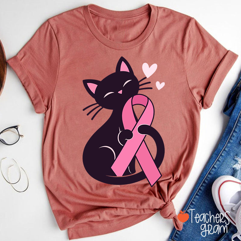 Black Cat Pink Ribbon Love Teacher T-Shirt