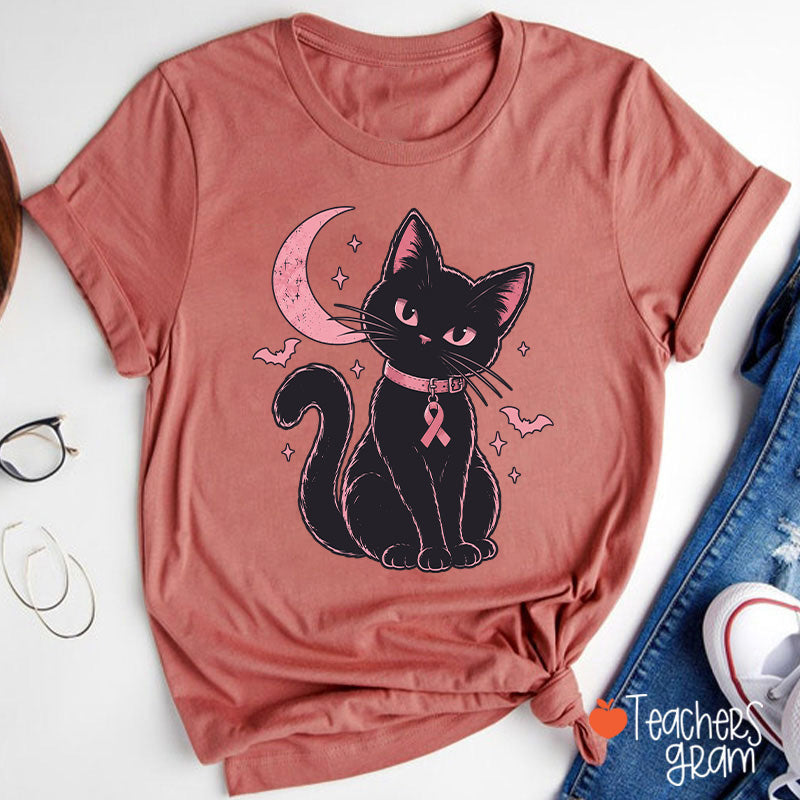 Halloween Pink Ribbon Cat Teacher T-Shirt