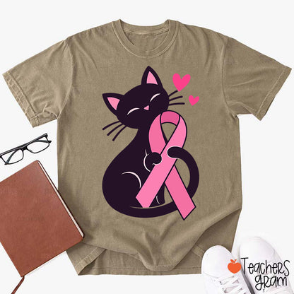 Black Cat Pink Ribbon Love Teacher T-Shirt
