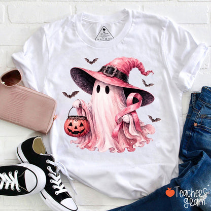 Pink Ribbon Ghost Witch Teacher T-Shirt