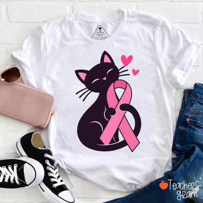 Black Cat Pink Ribbon Love Teacher T-Shirt