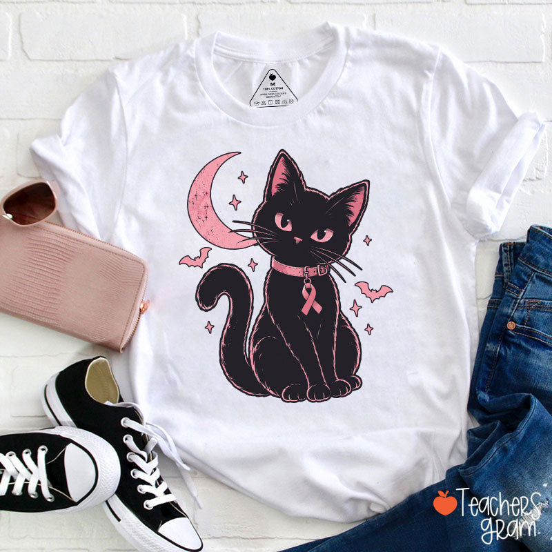 Halloween Pink Ribbon Cat Teacher T-Shirt