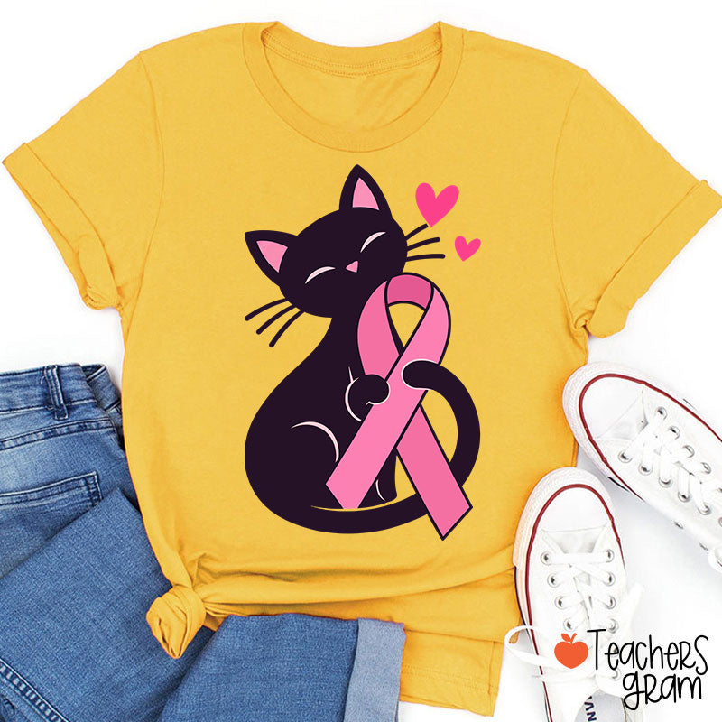 Black Cat Pink Ribbon Love Teacher T-Shirt