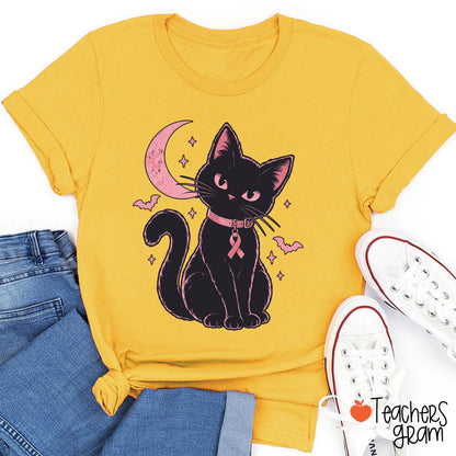 Halloween Pink Ribbon Cat Teacher T-Shirt