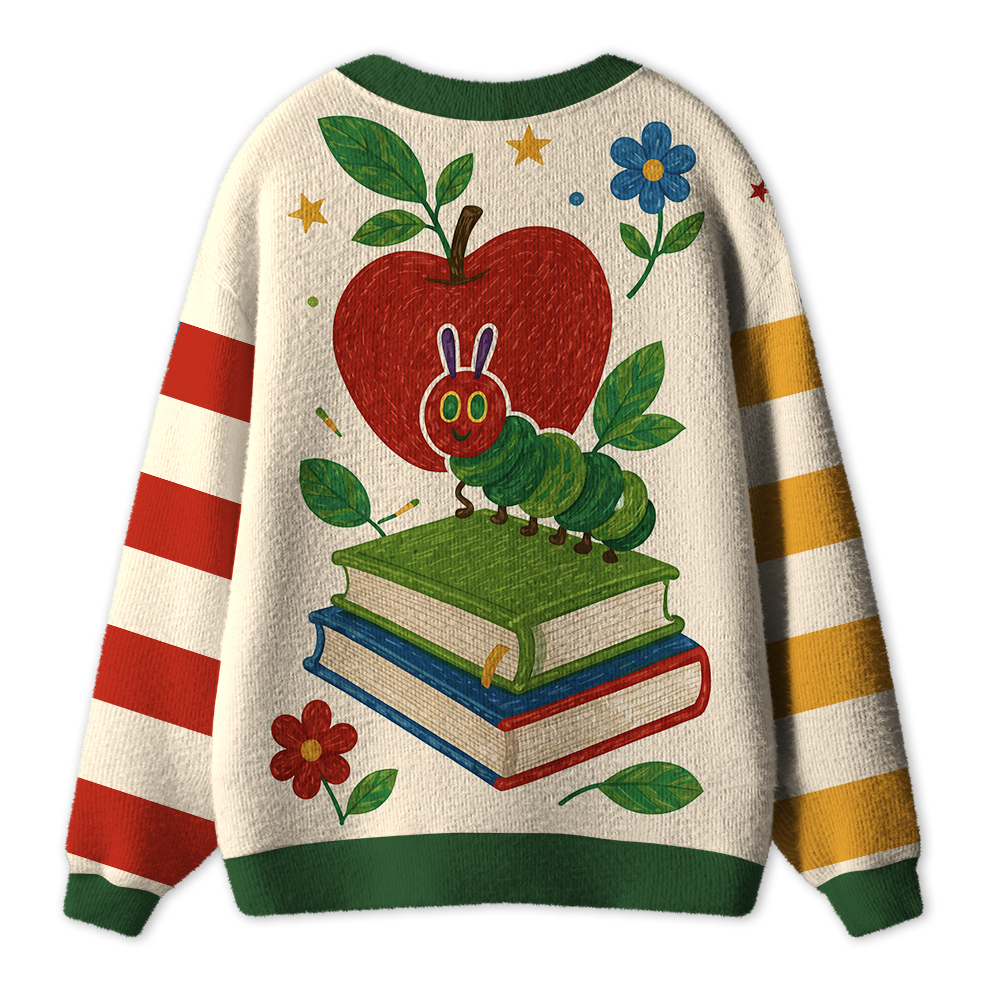 Caterpillar Reading Books Teacher Ugly Cardigan Sweaters