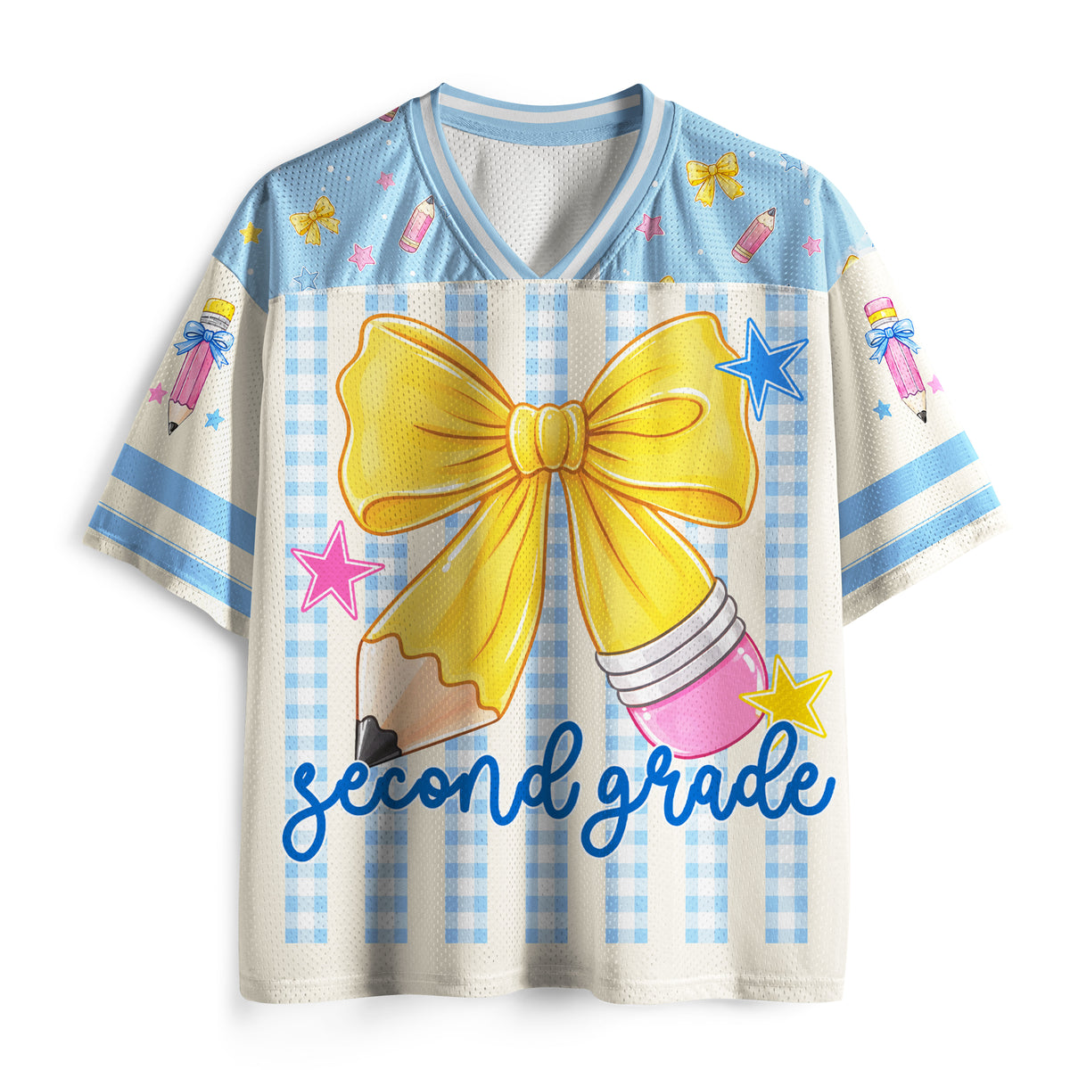 Personalized Grade And Name Gingham Stripes Pencil Bow Teacher Mesh Jersey