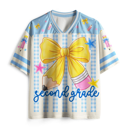 Personalized Grade And Name Gingham Stripes Pencil Bow Teacher Mesh Jersey