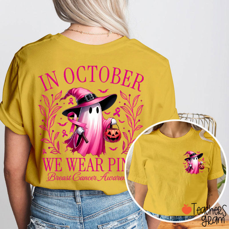 Halloween Beautifully Ghost Picture Breast Cancer Awareness Teacher Two Sided T-Shirt