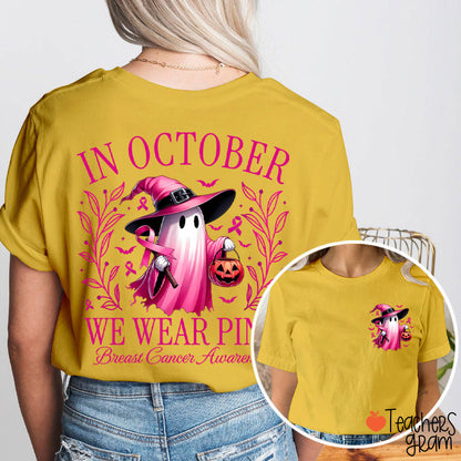 Halloween Beautifully Ghost Picture Breast Cancer Awareness Teacher Two Sided T-Shirt