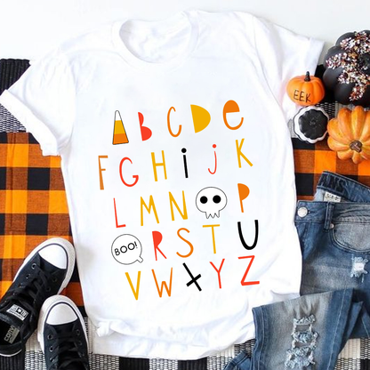 Cartoon Halloween Vibes Alphabet Teacher T-Shirt