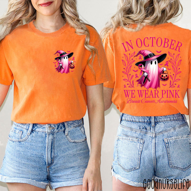Halloween Beautifully Ghost Picture Breast Cancer Awareness Teacher Two Sided T-Shirt