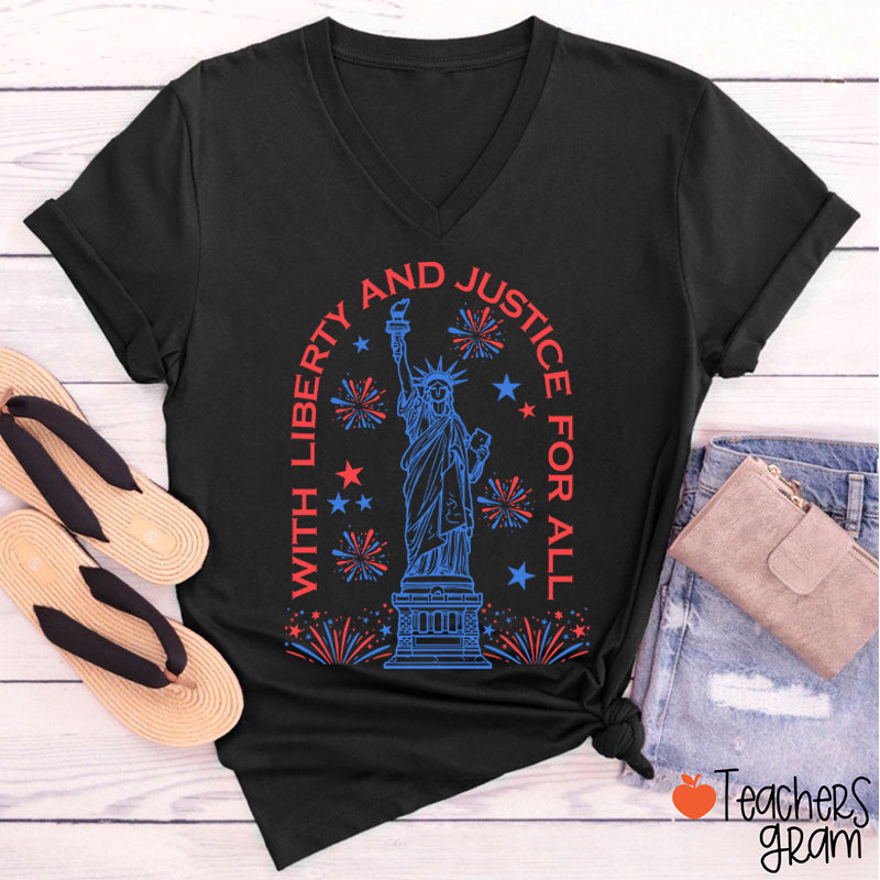 With Liberty And Justice For All Teacher Female V-Neck T-Shirt