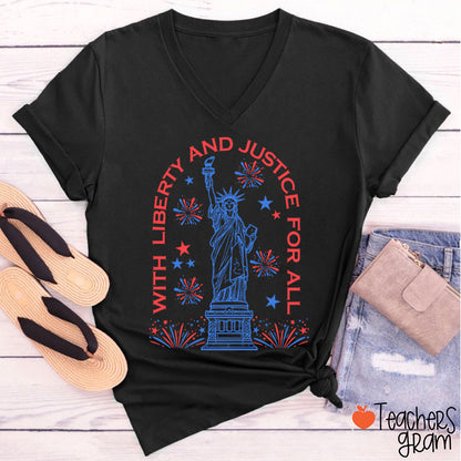 With Liberty And Justice For All Teacher Female V-Neck T-Shirt