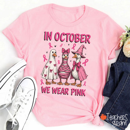In October We Wear Pink Halloween Duck Ghost Mummy Witch Teacher T-Shirt