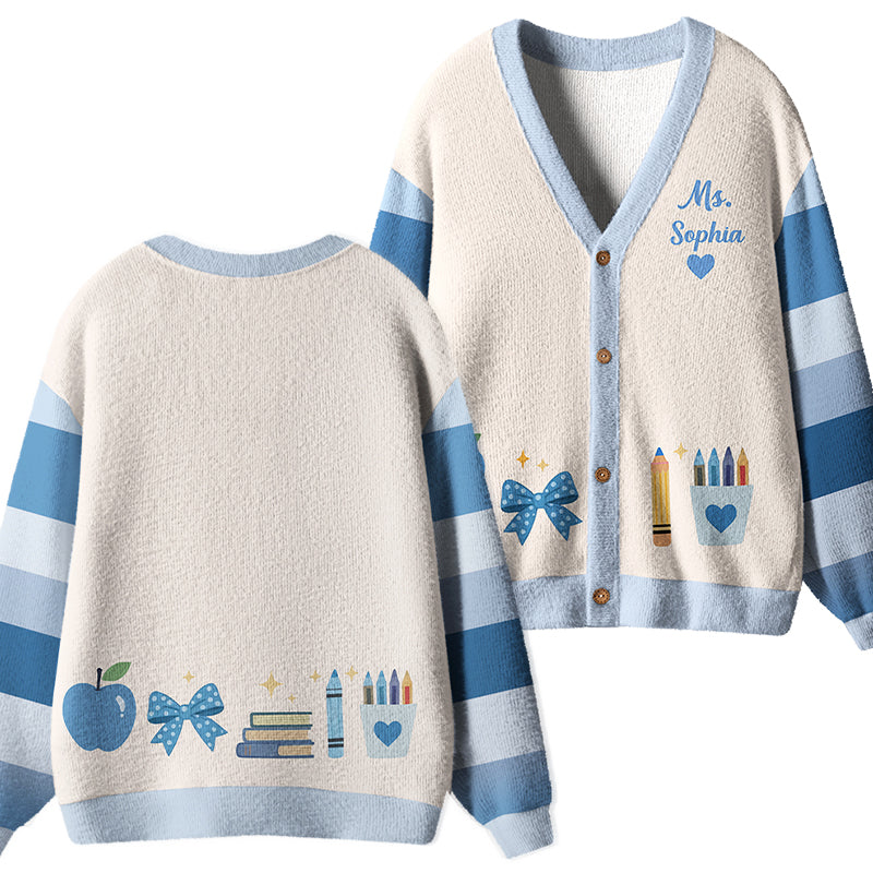 Personalized Name Apple Book Pencil Teacher Ugly Cardigan Sweaters