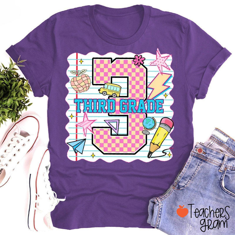 Personalized Pink Plaid And Notebook Style Teacher T-Shirt