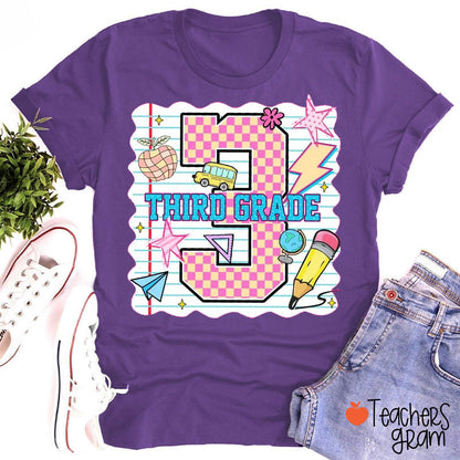 Personalized Pink Plaid And Notebook Style Teacher T-Shirt