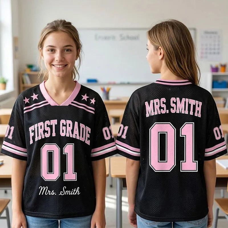 Personalized Grade And Name Preppy Solid First Day Teacher Mesh Jersey