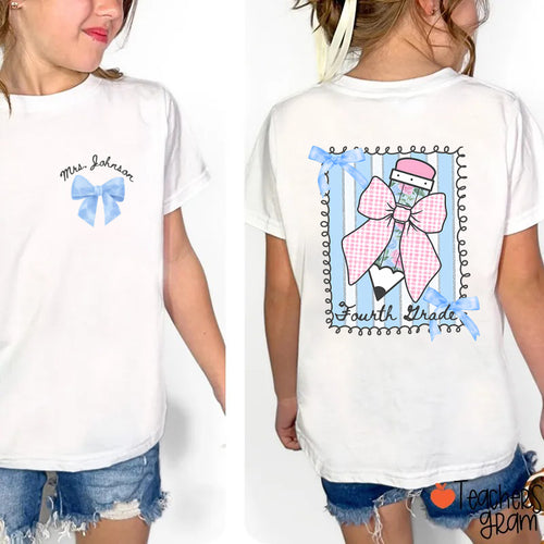 Personalized Grade And Name Flower Pencil Checkered Bow Class Two Sided T-Shirt