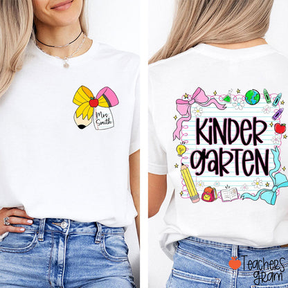 Personalized Grade And Name Pencil Bow Notebook Teacher Two Sided T-Shirt