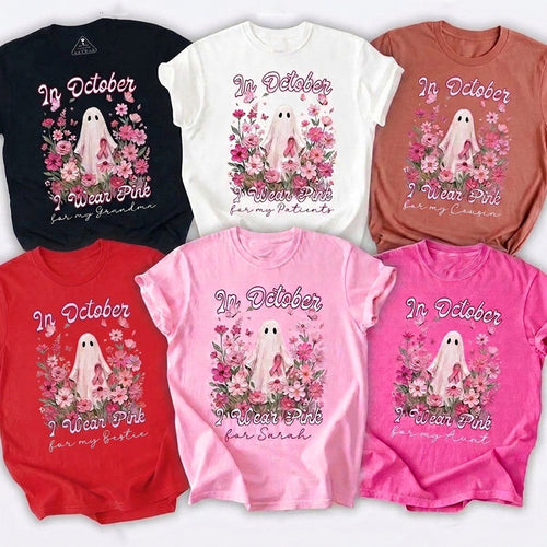 Personalized In October I Wear Pink Ghost Pink Ribbon Floral Memorial Text Teacher T-Shirt