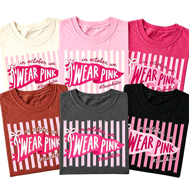 Personalized In October We Wear Pink Pink Stripe Flag Bow Teacher T-Shirt