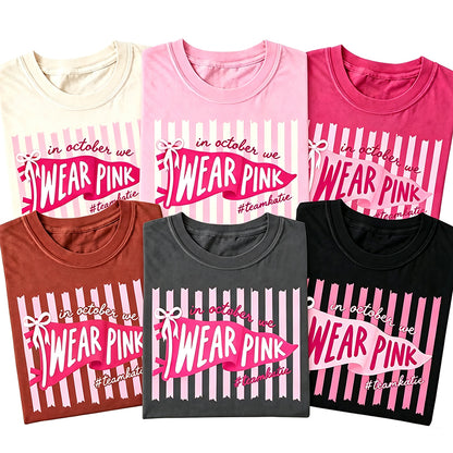 Personalized In October We Wear Pink Pink Stripe Flag Bow Teacher T-Shirt