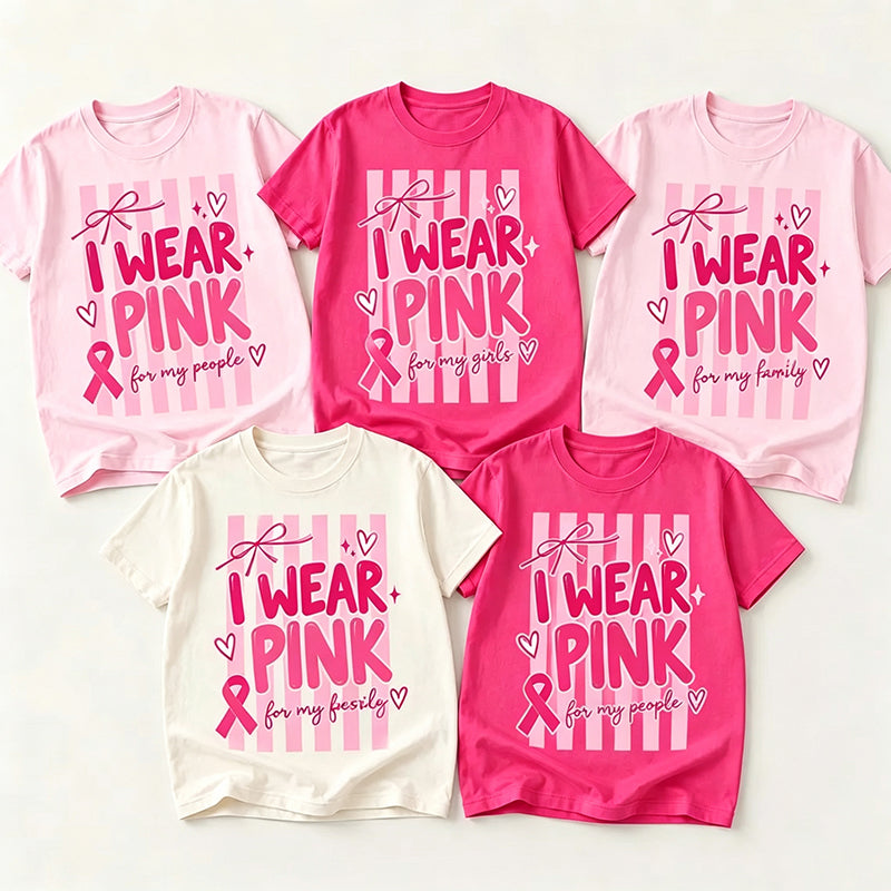 Personalized I Wear Pink For My People Striped Pink Ribbon Teacher T-Shirt